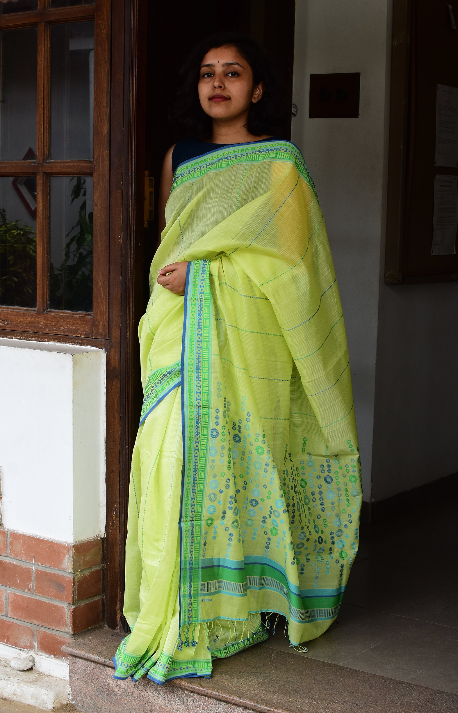 Yellowish Green, Handwoven Organic Cotton, Textured Weave , Jacquard, Work Wear, Striped Saree